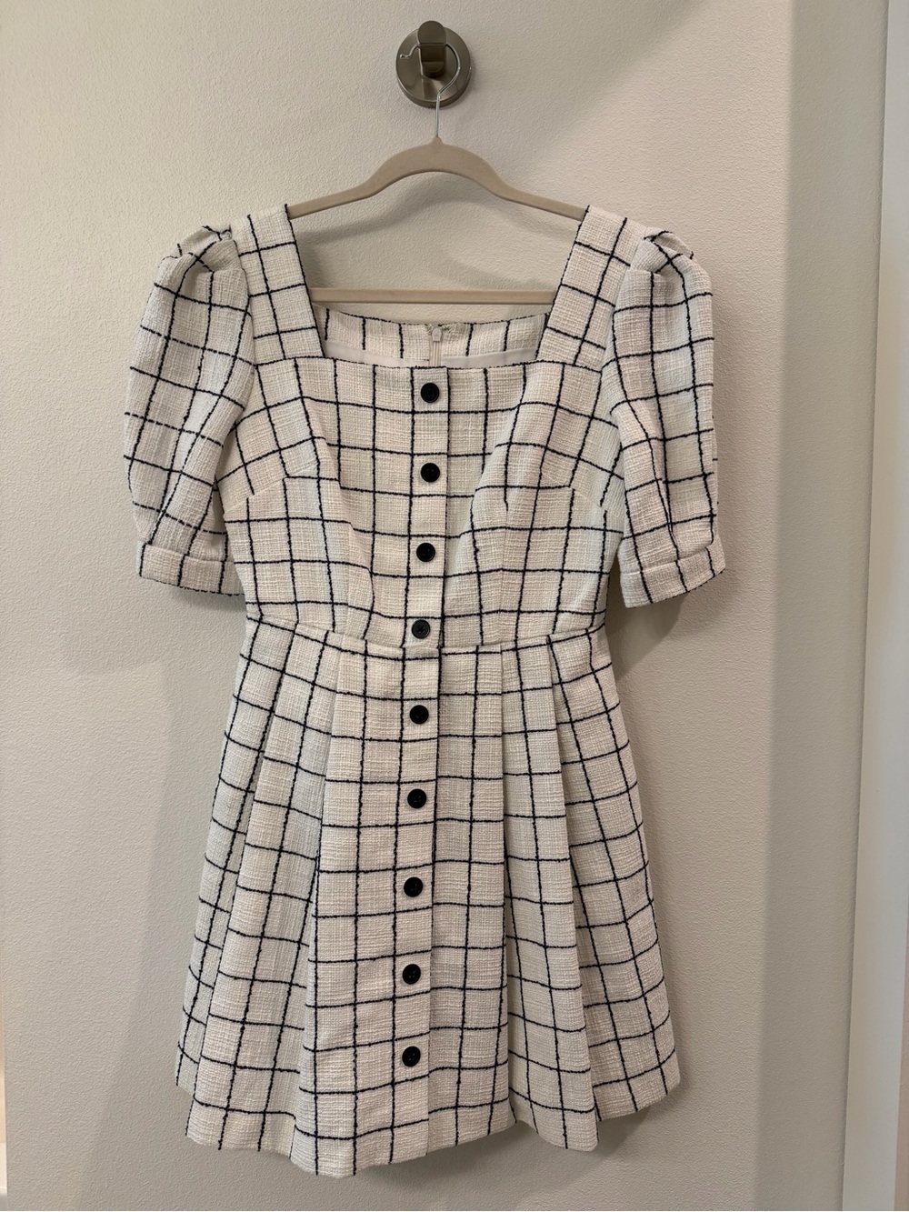 Gal Meets Glam White Windowpane Square-Neck Dress with Black Buttons